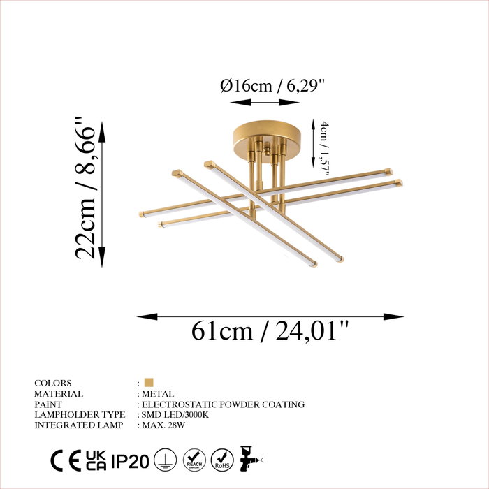 Opviq Lámpara de Araña 13664 Dorada Metal 61 cm Ancho Elegante Glamour para Salón Comedor Dormitorio